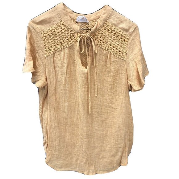 Perch by Blu Pepper Top Womens  2XL Yellow V Neck Lace Short Cap Sleeve Rayon - Picture 1 of 6